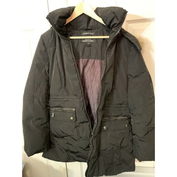 ANDREW MARC For BLOOMINGDALES Black COYOTE FUR HOODED Women’s COAT Sz L - Picture 3 of 8